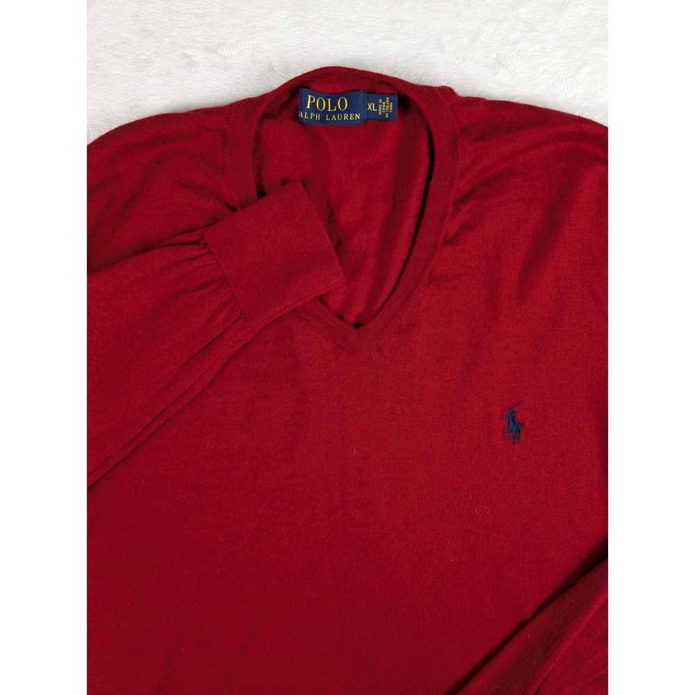 Polo Ralph Lauren‎ Mens Red V Neck Long Sleeve Merino Wool Sweater XL READ